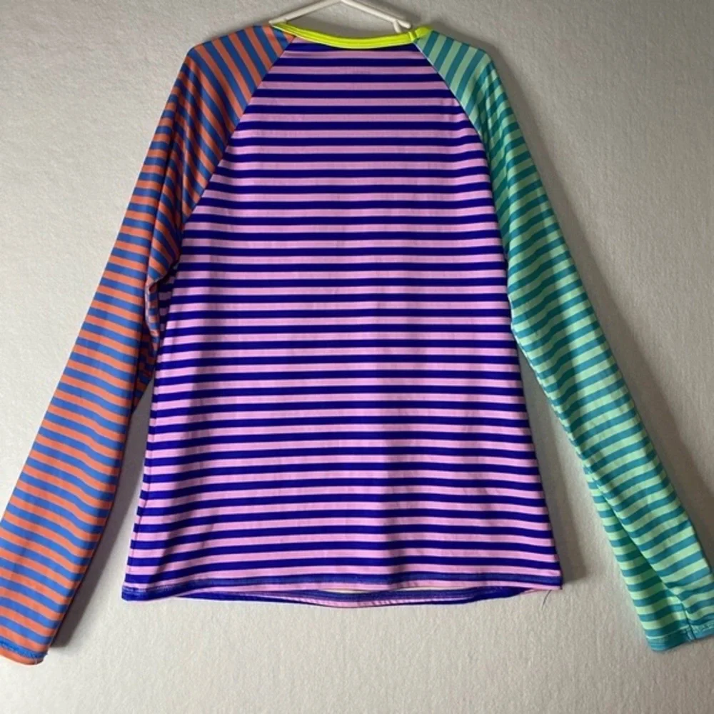 Lands End Swim Shirt Rash Guard Size 12 Blue Orange‎ Pink Stripes Long Sleeve